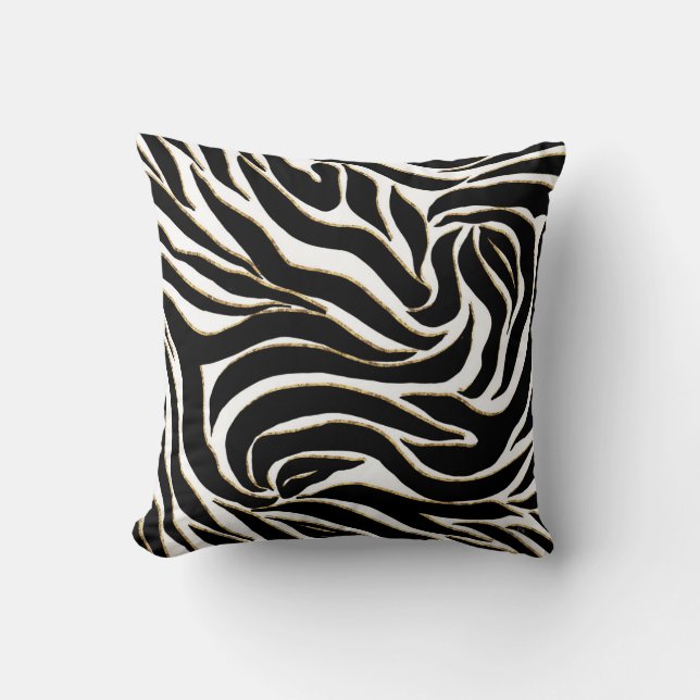 Elegant Black Gold Zebra White Animal Print Cushion (Front)