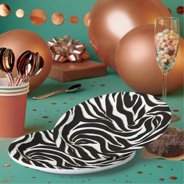Elegant Black Gold Zebra White Animal Print Paper Plate (Multi)