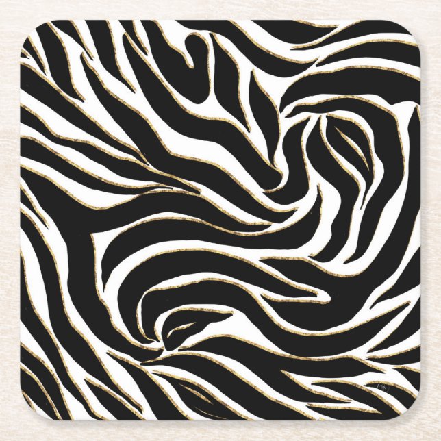 Elegant Black Gold Zebra White Animal Print Square Paper Coaster (Front)
