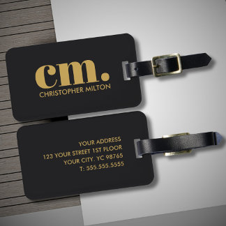 Elegant Black Golden Bold Monogram Luggage Tag