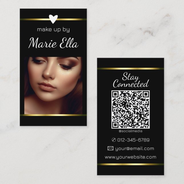 Elegant Black Golden Heart Photo QR Code Template  Business Card (Front/Back)