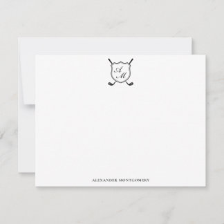 Elegant Black Golf Monogram Crest Flat Note Card