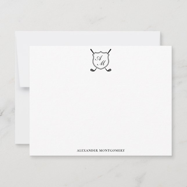 Elegant Black Golf Monogram Crest Flat Note Card (Front)
