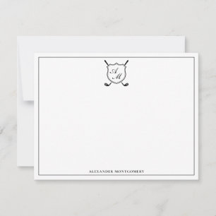 Elegant Black Golf Monogram Crest Flat Note Card