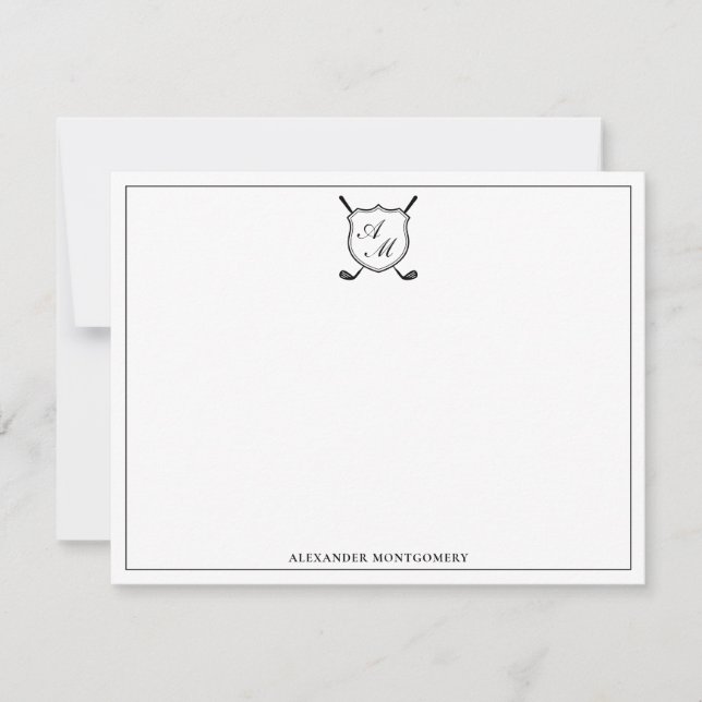 Elegant Black Golf Monogram Crest Flat Note Card (Front)