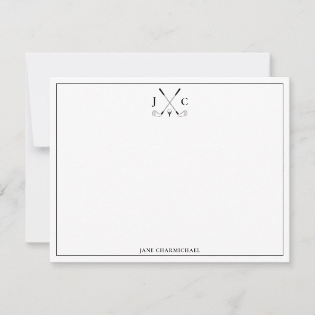 Elegant Black Golf Monogram Flat Note Card (Front)