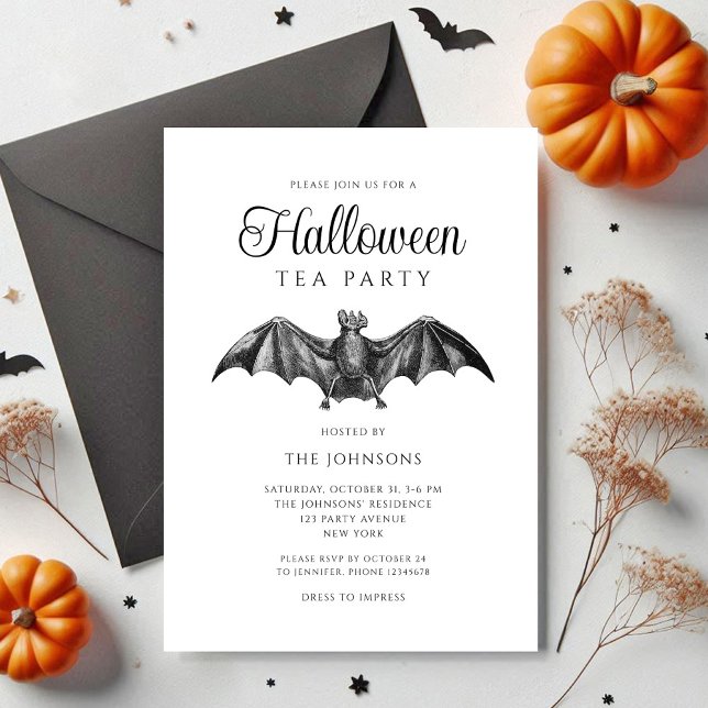 Elegant Black Gothic Bat Tea Party Halloween Invitation (Elegant Black Gothic Bat Tea Party Halloween Invitation)