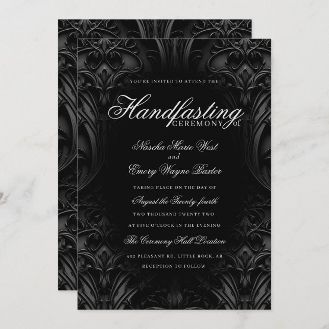 Elegant Black Gothic Damask Moody Handfasting Invitation (Front/Back)