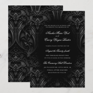 Elegant Black Gothic Damask Moody Wedding Invitation