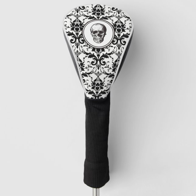 Elegant Black Gothic Damask Pattern Skull Golf Head Cover (Front)