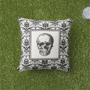 Elegant Black Gothic Damask Pattern Skull Outdoor Cushion