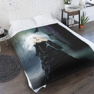 Elegant Black Gothic Mysterious Woman Ravens Mist Fleece Blanket