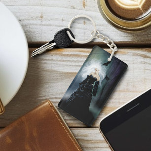 Elegant Black Gothic Mysterious Woman Ravens Mist Key Ring