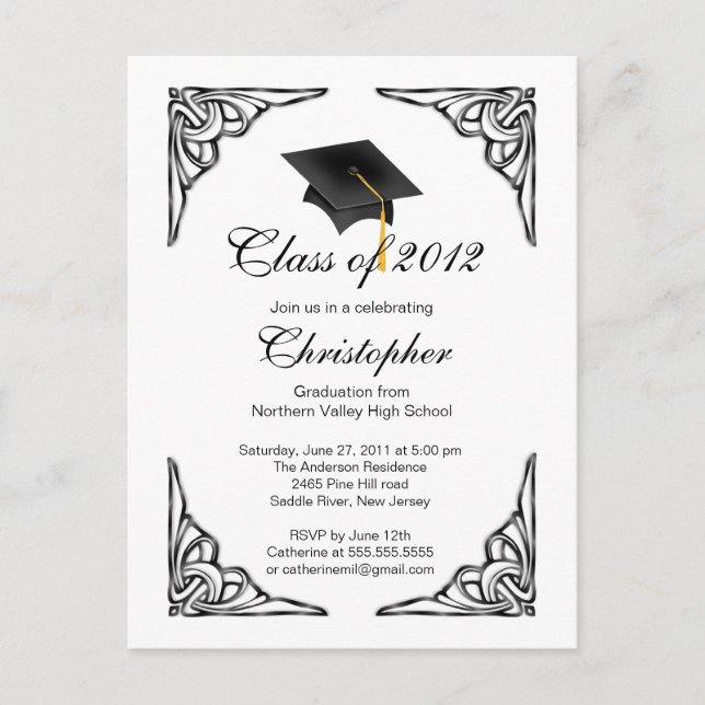 Elegant Black Grad Cap Graduation Party Invitation Postcard (Front)