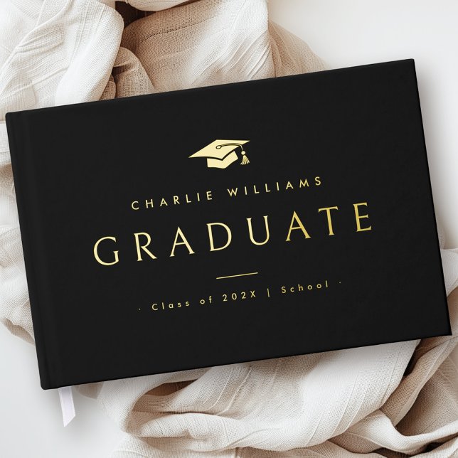Elegant black graduation cap graduate name real guest book (Elegant black graduation cap graduate name real foil guest book)