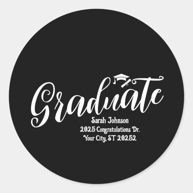 Elegant Black Graduation Return Address Classic Round Sticker (Front)