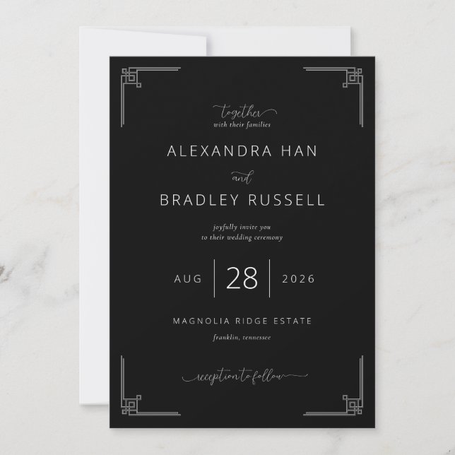 Elegant Black Greek Key Motions Invitation (Front)