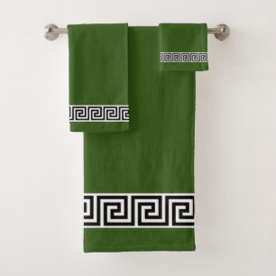 Elegant Black Greek Pattern on Forest Green Bath Towel Set