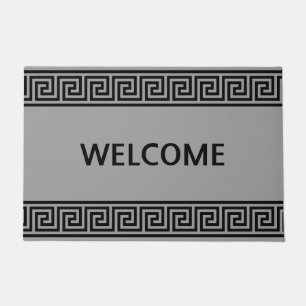 Elegant Black Greek Pattern on Grey Doormat