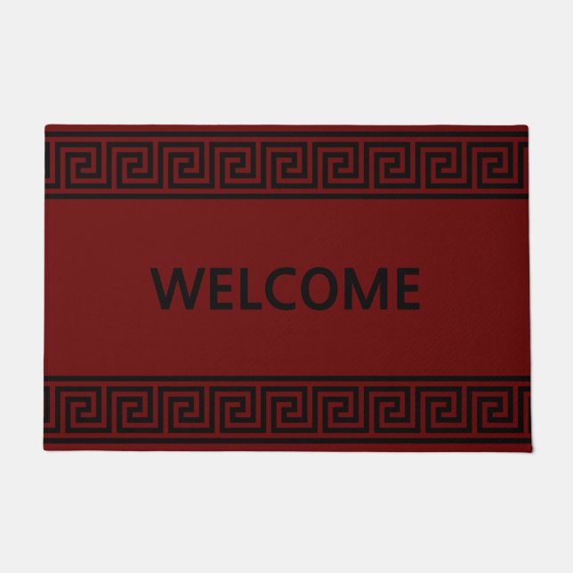 Elegant Black Greek Pattern on Maroon Doormat (Front)