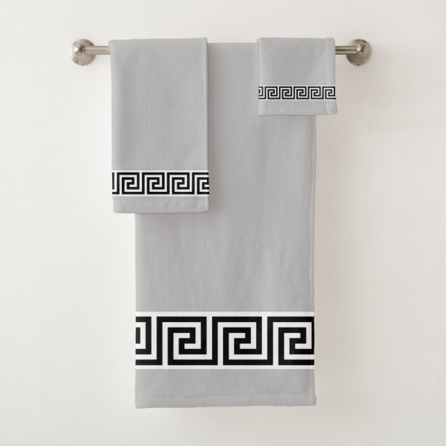 Elegant Black Greek Pattern on Silver Grey Bath Towel Set (Insitu)