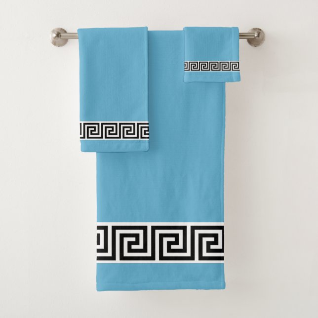 Elegant Black Greek Pattern on Teal Bath Towel Set (Insitu)