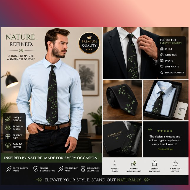 Elegant Black Green Botanical Tie | Stylish Leaf & (Creator Uploaded)