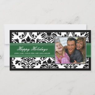 Elegant Black & Green Damask Custom Happy Holidays Holiday Card