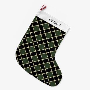 Elegant Black & Green Diamond Pattern Large Christmas Stocking