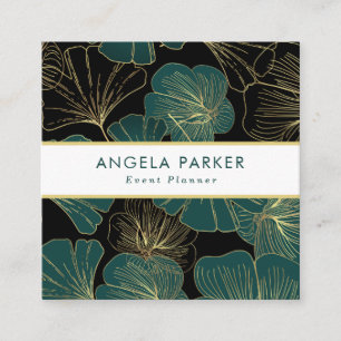 Elegant Black Green Gold Outline Ginkgo Leaves Square Business Card