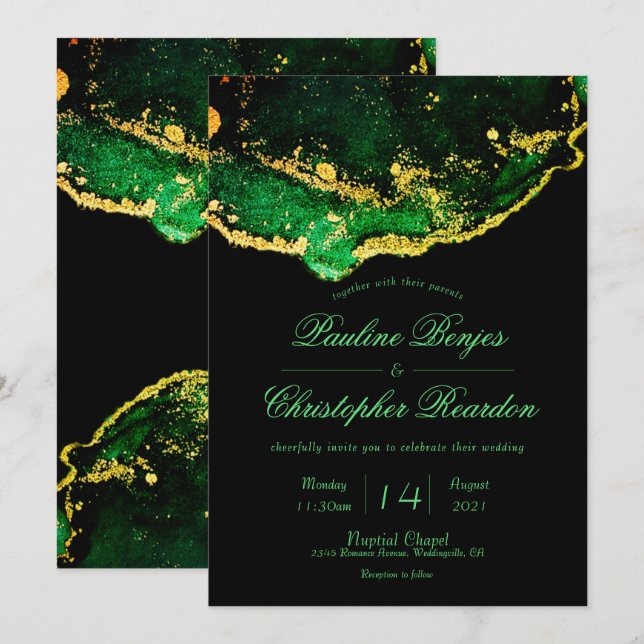 Elegant Black Green Gold Wedding Invitation (Front/Back)