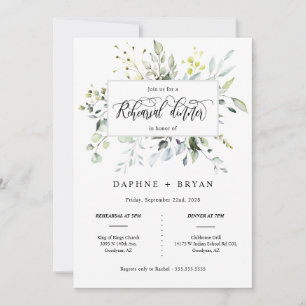 Elegant Black Green Leaves Rehearsal Dinner Photo Invitation