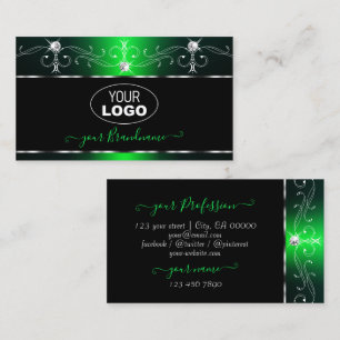 Elegant Black Green Ornate Sparkle Jewels Add Logo Business Card