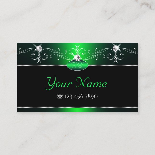 Elegant Black Green Ornate Sparkle Jewels Initials Business Card (Front)