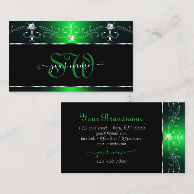 Elegant Black Green Ornate Sparkle Jewels Monogram Business Card (Front/Back)