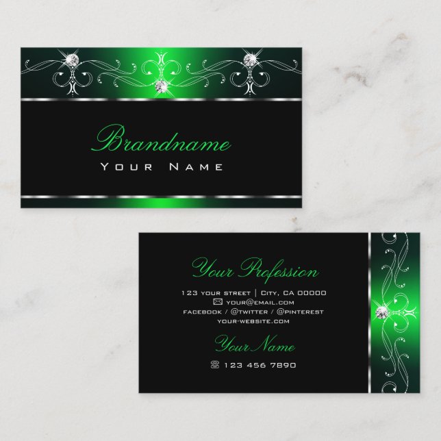 Elegant Black Green Ornate Sparkle Jewels Stylish Business Card (Front/Back)