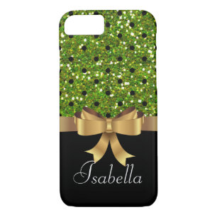Elegant  Black green polka dots gold  bow monogram iPhone 8/7 Case