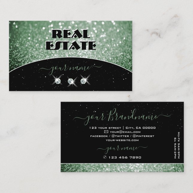 Elegant Black Green Sparkle Glitter Rhinestones Business Card (Front/Back)