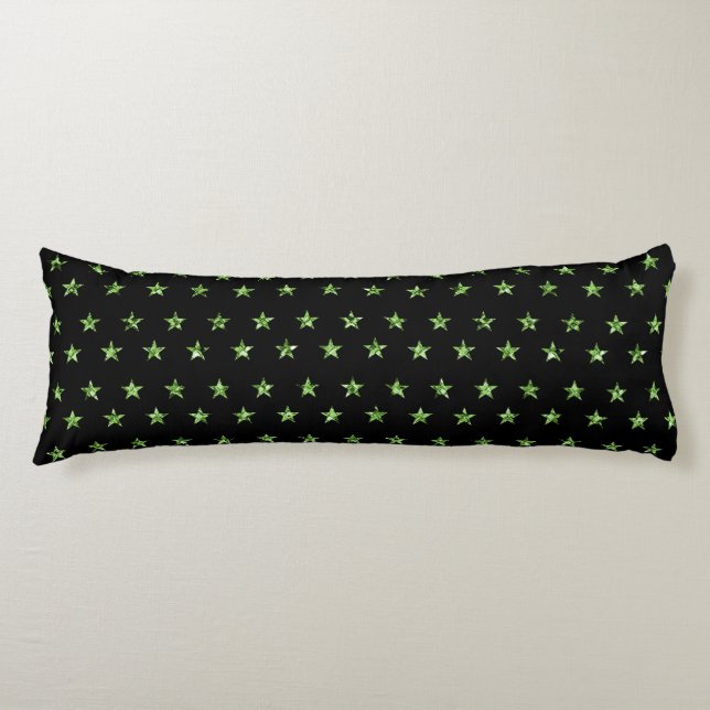 Elegant Black Green Stars Sparkle Glam Bedding Body Cushion (Front)