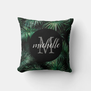 Elegant black green Tropical Palm Leaves Monogram Cushion