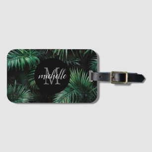 Elegant black green Tropical Palm Leaves Monogram  Luggage Tag
