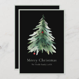 Elegant Black Green Watercolor Christmas Tree Holiday Card
