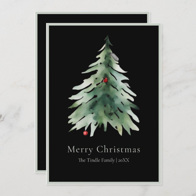 Elegant Black Green Watercolor Christmas Tree Holiday Card (Front/Back)