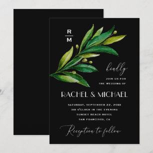 Elegant black green wedding. Watercolor greenery Invitation