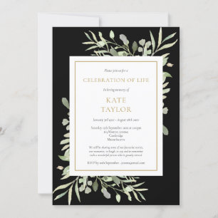 Elegant Black Greenery Funeral Celebration of Life Invitation