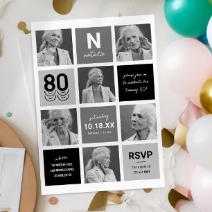 Elegant Black Grey 80th Photo Invitation