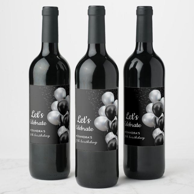 Elegant Black Grey Balloon Chic Birthday Wine Label (Bottles)