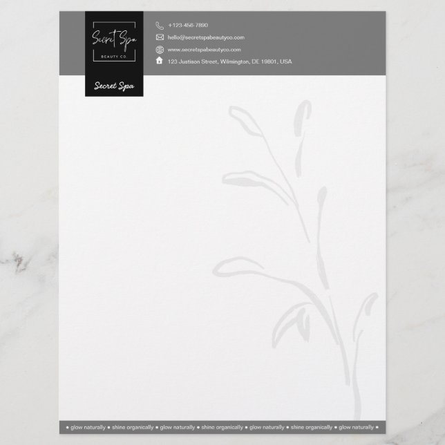 Elegant Black & Grey Botanical Beauty Spa Modern Custom Letterhead (Front)