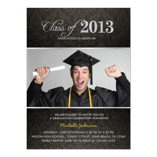 Elegant Black & Grey Damask with Silver Graduation Card