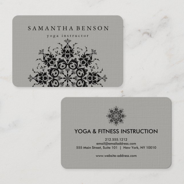 Elegant Black & Grey Flower Logo Yoga Business Card (Front/Back)